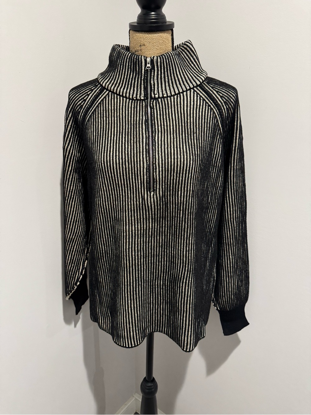 NWT Women’s Zenana Striped Half-Zip Mock Neck Sweater - Black & White